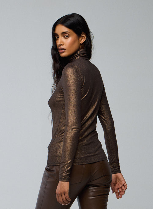 Brown Turtleneck Long Sleeves T-Shirt in Viscose and Elastane - MAJESTIC FILATURES