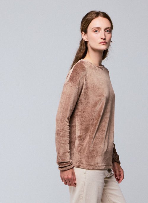 Beigefarbenes Langarm-T-Shirt mit U-Boot-Ausschnitt aus Bio-Baumwolle / Modal / Elasthan - MAJESTIC FILATURES