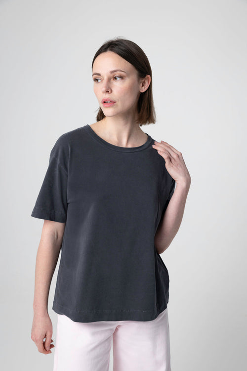 Black Round Neck Short Sleeve T-shirt in Cotton / Elastane - MAJESTIC FILATURES