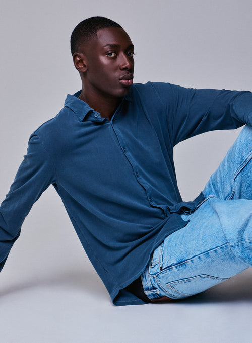 Blue Shirt Long Sleeve Shirt in Organic Cotton / Elastane - MAJESTIC FILATURES