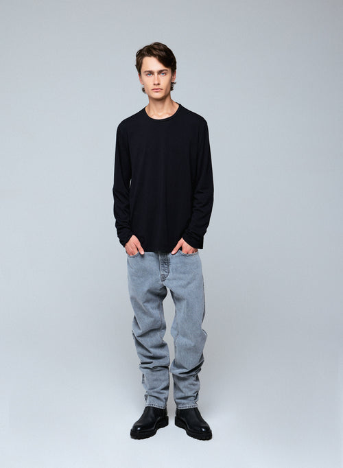 T-Shirt Schwarz Henry Rundhalsausschnitt Langarm - MAJESTIC FILATURES