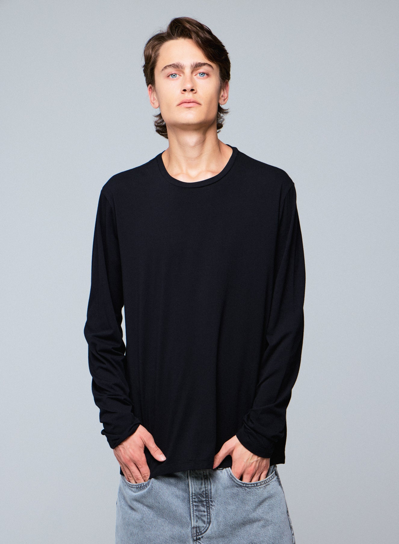 Black Henry Long Sleeve Crew Neck Organic Cotton T-Shirt