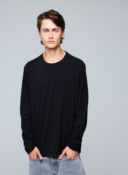T-Shirt Schwarz Henry Rundhalsausschnitt Langarm - MAJESTIC FILATURES
