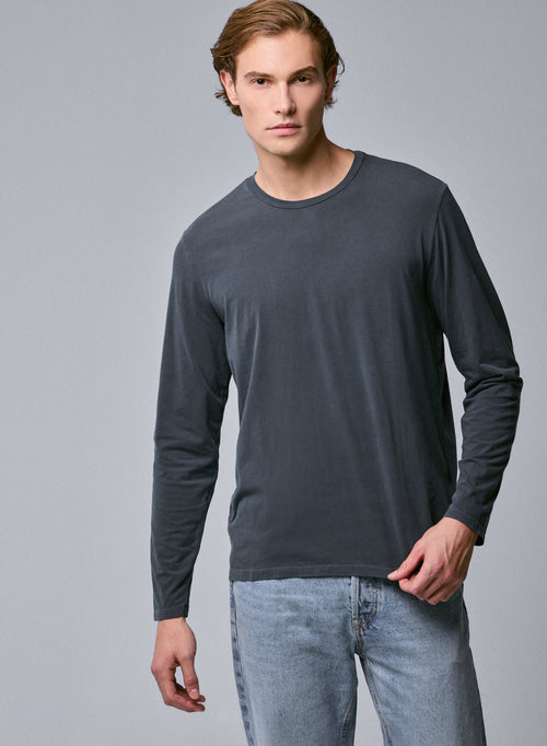 Graues Langarm-T-Shirt mit Rundhalsausschnitt aus Bio-Baumwolle / Elasthan - MAJESTIC FILATURES
