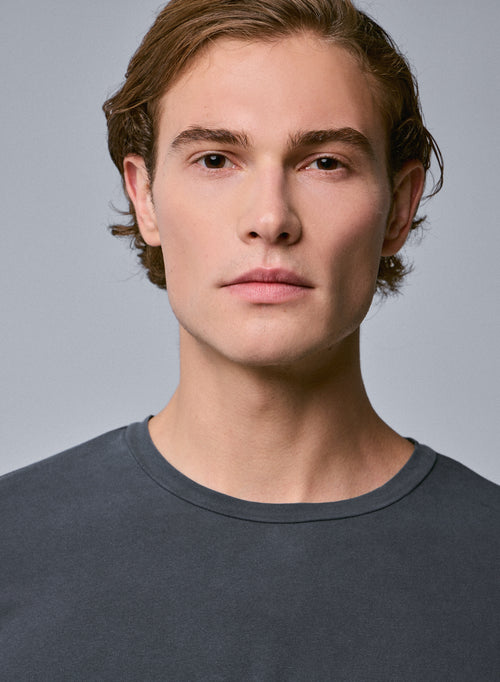 Graues Langarm-T-Shirt mit Rundhalsausschnitt aus Bio-Baumwolle / Elasthan - MAJESTIC FILATURES