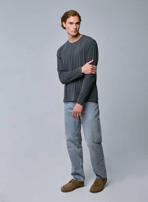Graues Langarm-T-Shirt mit Rundhalsausschnitt aus Bio-Baumwolle / Elasthan - MAJESTIC FILATURES