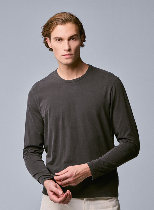 Braunes Langarm-T-Shirt mit Rundhalsausschnitt aus Bio-Baumwolle / Elasthan - MAJESTIC FILATURES