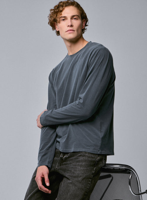 Camiseta gris de manga larga con cuello redondo en algodón orgánico / elastano - MAJESTIC FILATURES