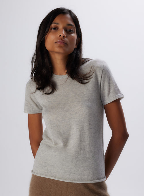 T-shirt Gris chiné clair Col Rond Manches Courtes en Cachemire - MAJESTIC FILATURES