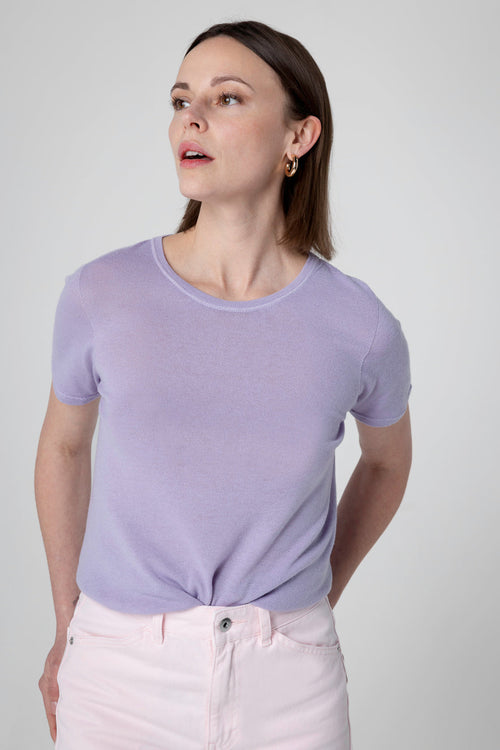 Light Purple Round Neck Short Sleeve Cashmere T-Shirt - MAJESTIC FILATURES