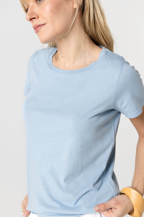 T-shirt Bleu Clair Col Rond Manches Courtes en Cachemire - MAJESTIC FILATURES