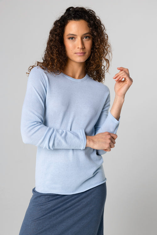 T-shirt Bleu Clair Col Rond Manches Longues en Cachemire - MAJESTIC FILATURES