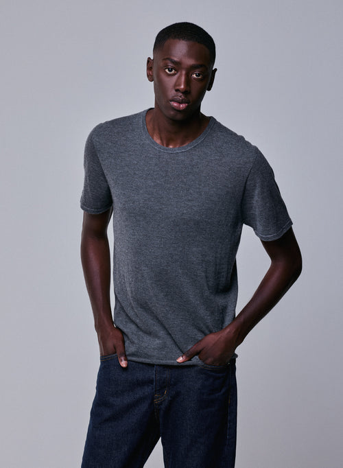 T-shirt Gris Col Rond Manches Courtes en Cachemire - MAJESTIC FILATURES