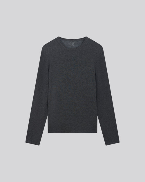 T-shirt Gris Col Rond Manches Longues en Cachemire - MAJESTIC FILATURES