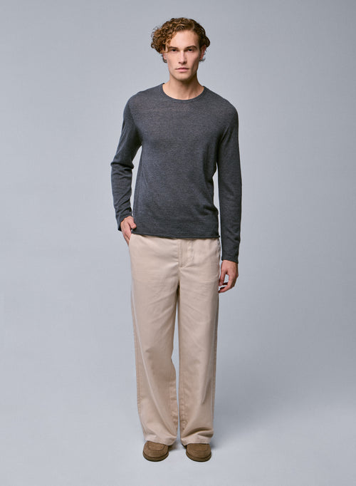 T-shirt Gris Col Rond Manches Longues en Cachemire - MAJESTIC FILATURES