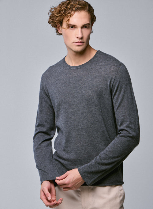 T-shirt Gris Col Rond Manches Longues en Cachemire - MAJESTIC FILATURES