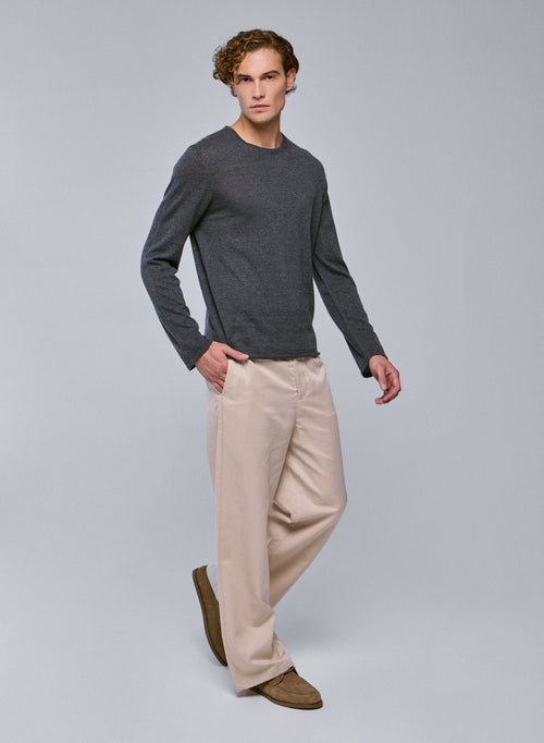 T-shirt Gris Col Rond Manches Longues en Cachemire - MAJESTIC FILATURES