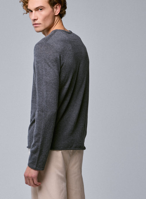 T-shirt Gris Col Rond Manches Longues en Cachemire - MAJESTIC FILATURES