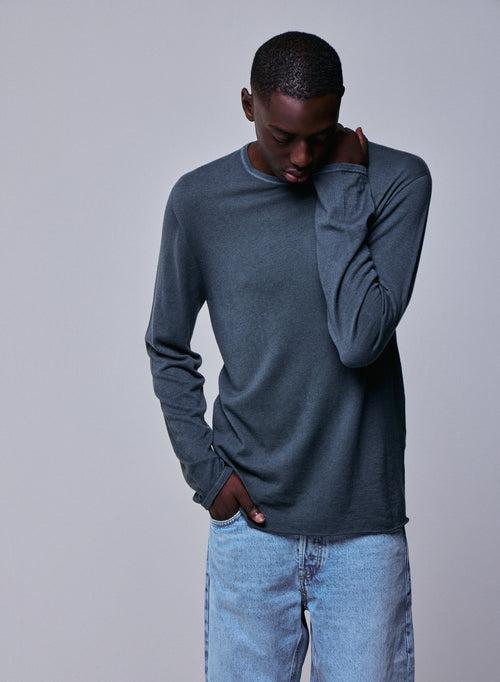 T-shirt Gris Col Rond Manches Longues en Cachemire - MAJESTIC FILATURES