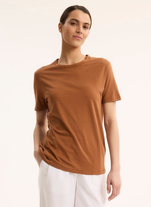 Tee shirt Marron Col Rond Manches Courtes - MAJESTIC FILATURES