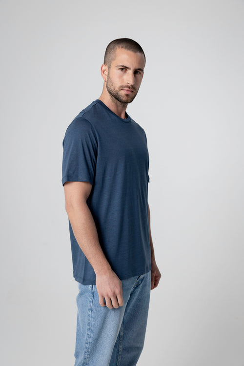 T-shirt bleu foncé Col Rond Manches Courtes en Lyocel, Tencel / Coton organique - MAJESTIC FILATURES