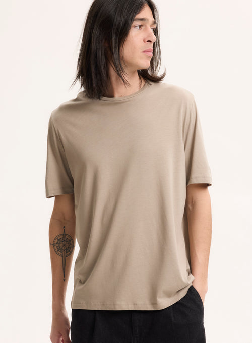 Tee shirt Beige Col Rond Manches Courtes - MAJESTIC FILATURES