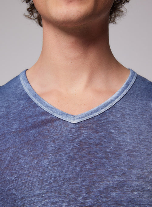 "Camiseta cuello V de manga corta de Lino / Elastano" - MAJESTIC FILATURES