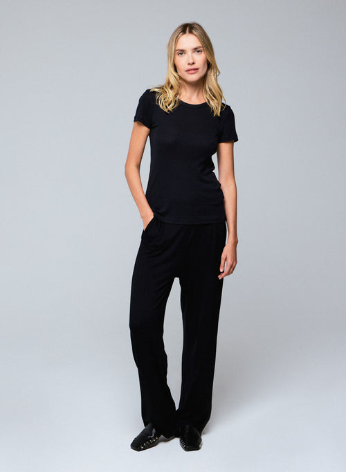 T-shirt Noir Col Rond Manches Courtes en Lyocel / Tencel / Coton - MAJESTIC FILATURES