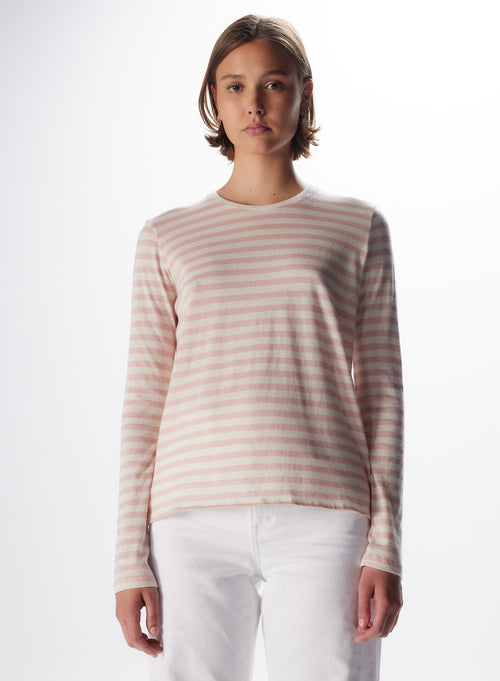 "Cotton / Cashmere Striped Long Sleeve Round Neck T-Shirt" - MAJESTIC FILATURES