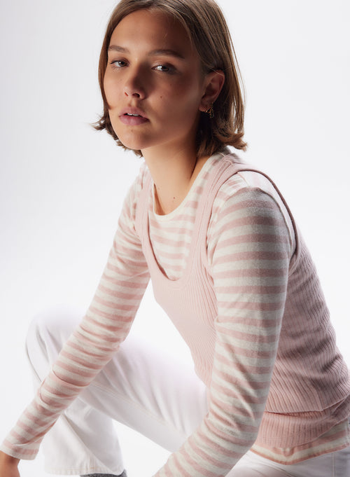 "Cotton / Cashmere Striped Long Sleeve Round Neck T-Shirt" - MAJESTIC FILATURES