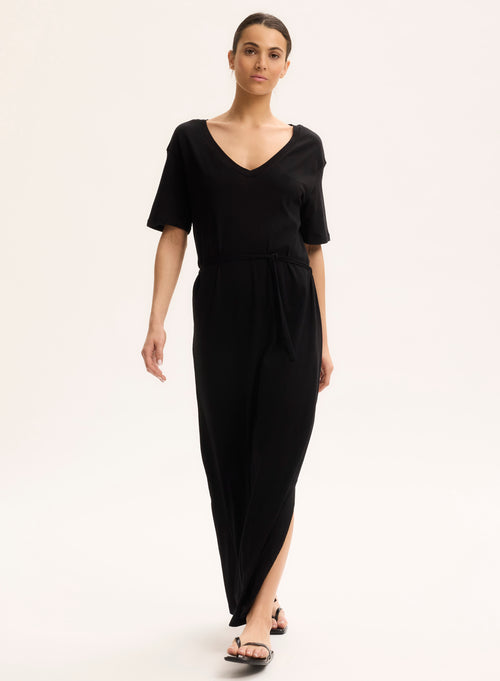 Robe Noir Col V Manches Courtes - MAJESTIC FILATURES