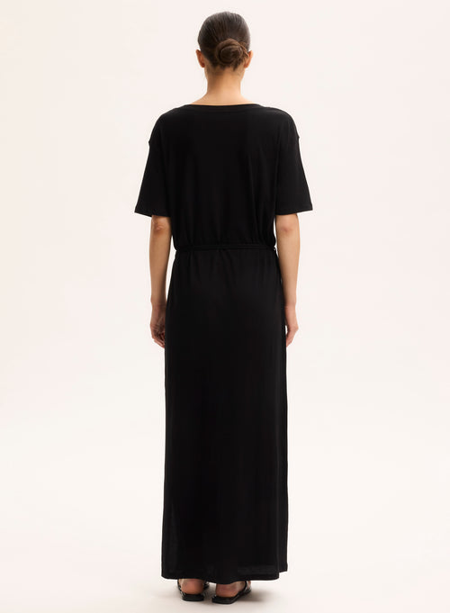 Robe Noir Col V Manches Courtes - MAJESTIC FILATURES