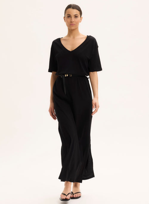 Robe Noir Col V Manches Courtes - MAJESTIC FILATURES