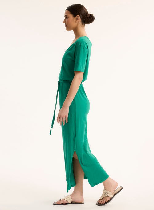 Robe Vert Col V Manches Courtes - MAJESTIC FILATURES