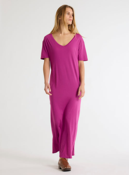 Robe Violet Col V Manches Courtes - MAJESTIC FILATURES