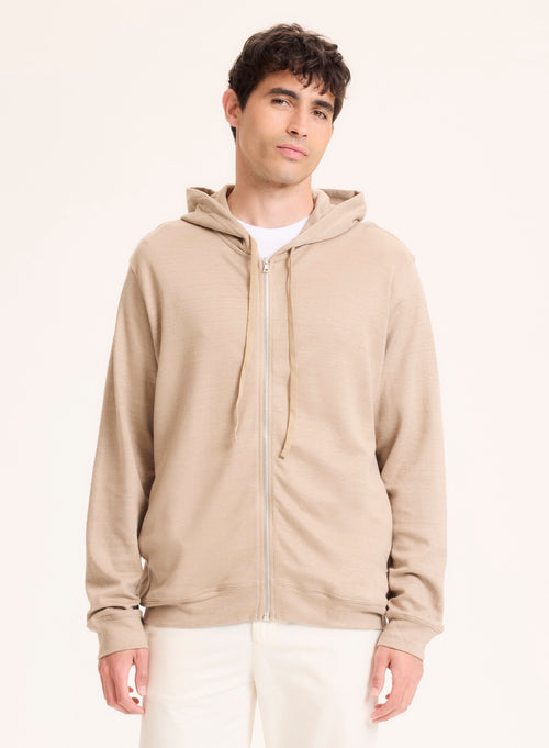 Beige Strickjacke mit langärmeligem Kapuzenkragen aus Leinen / Bio-Baumwolle - MAJESTIC FILATURES