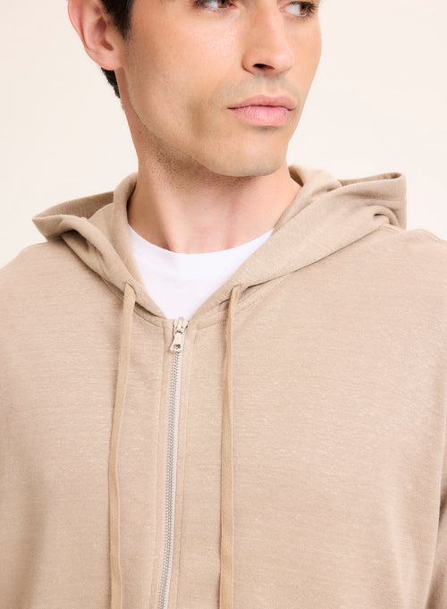 Beige Strickjacke mit langärmeligem Kapuzenkragen aus Leinen / Bio-Baumwolle - MAJESTIC FILATURES