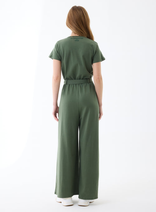 Grüner kurzärmeliger Jumpsuit mit V-Ausschnitt aus Bio-Baumwolle - MAJESTIC FILATURES