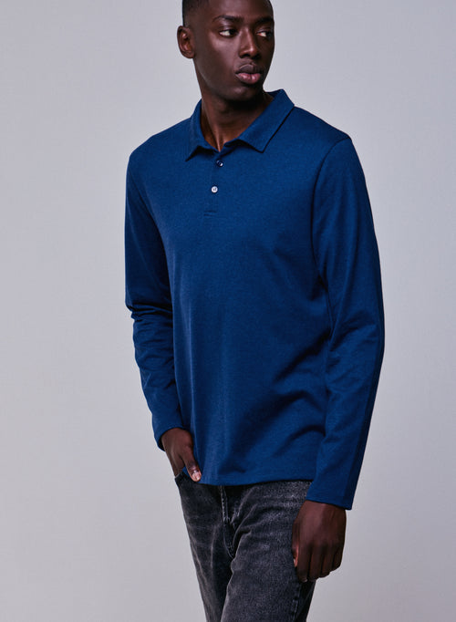 Polo Azul Polo de Manga Larga en Algodón Orgánico - MAJESTIC FILATURES