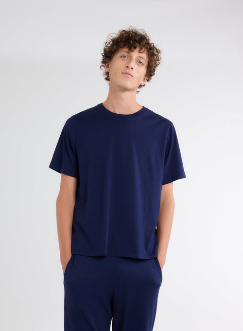 Blue Organic Cotton Crew Neck Short Sleeve T-Shirt - MAJESTIC FILATURES