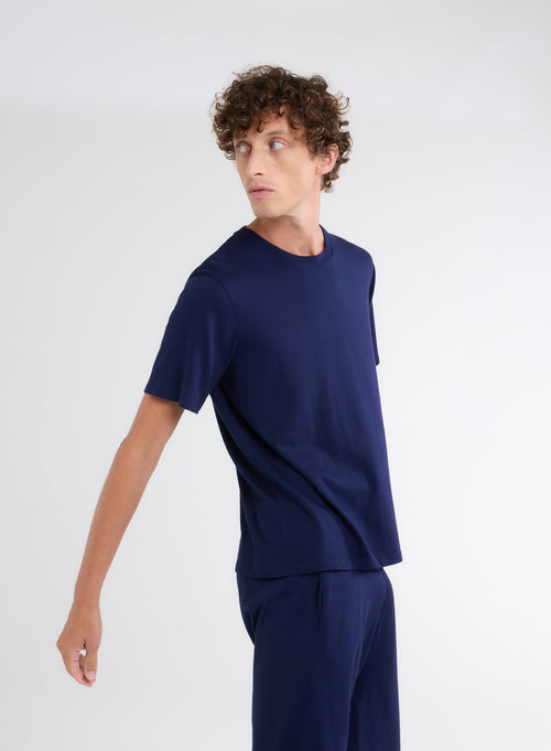 Blue Organic Cotton Crew Neck Short Sleeve T-Shirt - MAJESTIC FILATURES