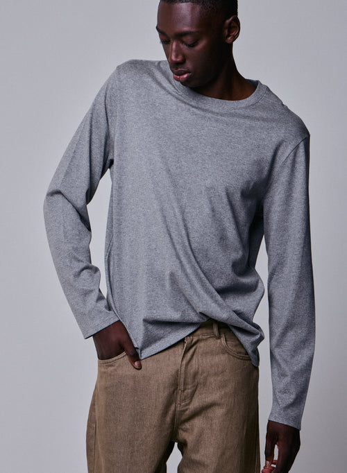 T-shirt Gris Col Rond Manches Longues en Coton organique - MAJESTIC FILATURES