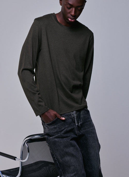Camiseta de manga larga con cuello redondo verde en algodón orgánico - MAJESTIC FILATURES