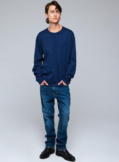 Blaues Langarm-T-Shirt mit Rundhalsausschnitt aus Bio-Baumwolle - MAJESTIC FILATURES