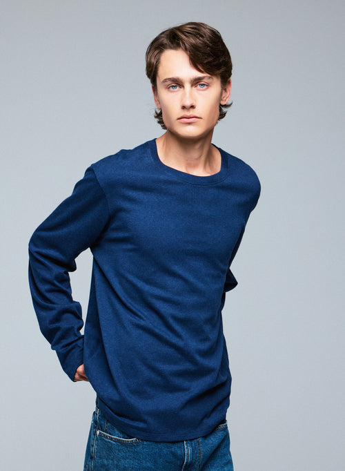 Blaues Langarm-T-Shirt mit Rundhalsausschnitt aus Bio-Baumwolle - MAJESTIC FILATURES