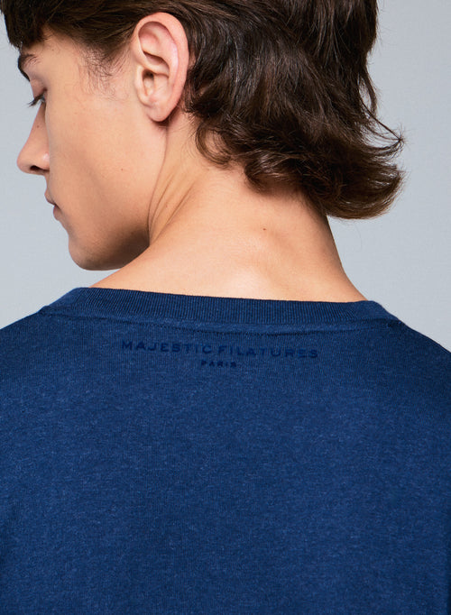 Blaues Langarm-T-Shirt mit Rundhalsausschnitt aus Bio-Baumwolle - MAJESTIC FILATURES