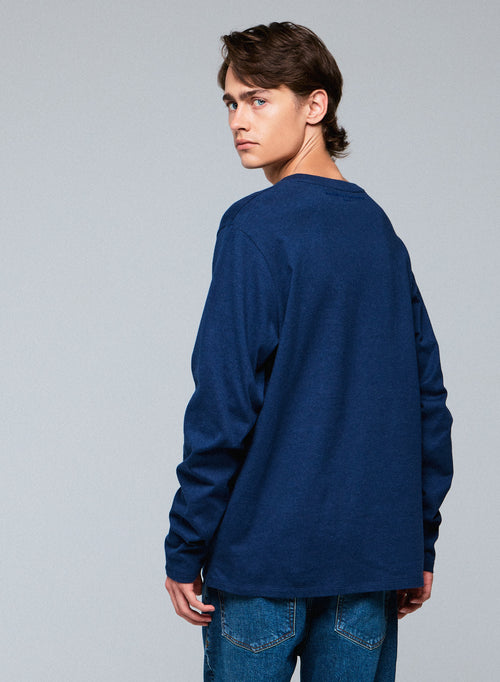 Blaues Langarm-T-Shirt mit Rundhalsausschnitt aus Bio-Baumwolle - MAJESTIC FILATURES