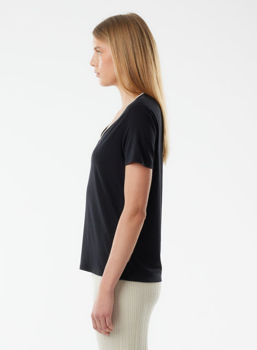 Tee shirt Noir Manches Courtes Col V en Lyocell, Tencel / Coton organique - MAJESTIC FILATURES