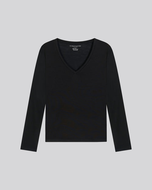 T-shirt Noir Col V Manches Longues en Lyocel / Laine vierge - MAJESTIC FILATURES
