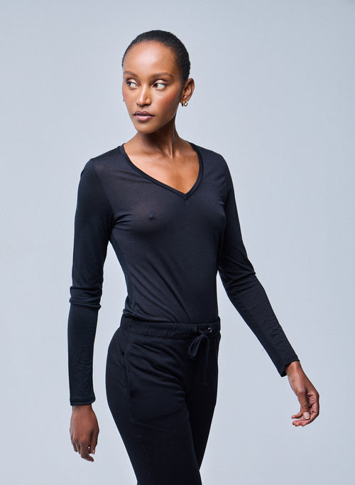 T-shirt Noir Col V Manches Longues en Lyocel / Laine vierge - MAJESTIC FILATURES